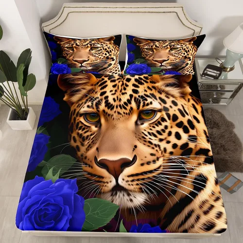 Miniatura 47 de Erosebridal Juego de sábanas bajeras de rosas rojas y leopardo, tamaño individual, diseño de animales africanos salvajes, diseño de plantas