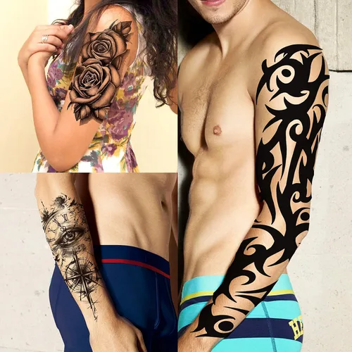 Miniatura 6 de VANTATY 20 hojas de tatuajes temporales extra grandes de brazo completo para hombres adultos, manga de tatuajes temporales de tigre, serpiente