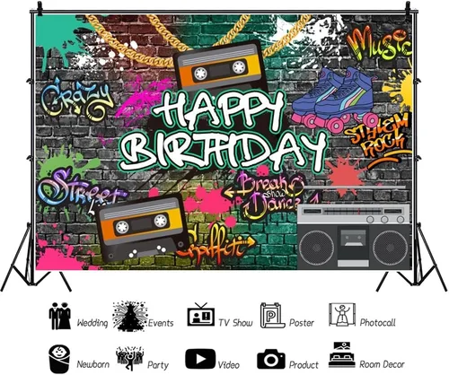 Miniatura 2 de AOFOTO Telón de fondo de feliz cumpleaños de los años 80 y 90, de 5 x 3 pies, tema de regreso a los 80, 90, hip-hop, rock, fondo de cumpleaños