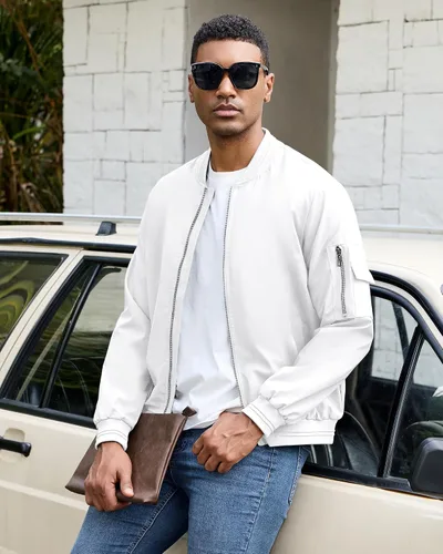 Miniatura 27 de Polu Chaquetas bomber para hombre con bolsillos, chaquetas cortavientos ligeras, cremallera de 2 vías, abrigo casual de negocios para otoño e