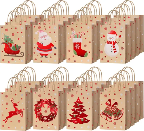 Yeaqee 80 piezas - bolsas de regalo de Navidad - tamaño pequeño - Merry Christmas Xmas - bolsas de regalo de Navidad con asas - bolsas de papel para