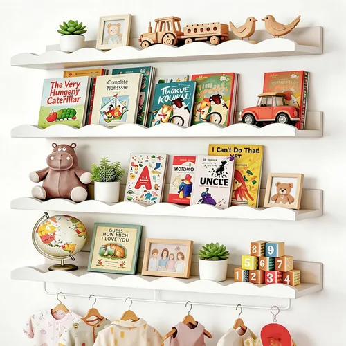 Miniatura 10 de Fixwal Estantes flotantes de 16.5 pulgadas para libros de guardería, juego de 4 estantes de pared festoneados con toallero para niños, habitación