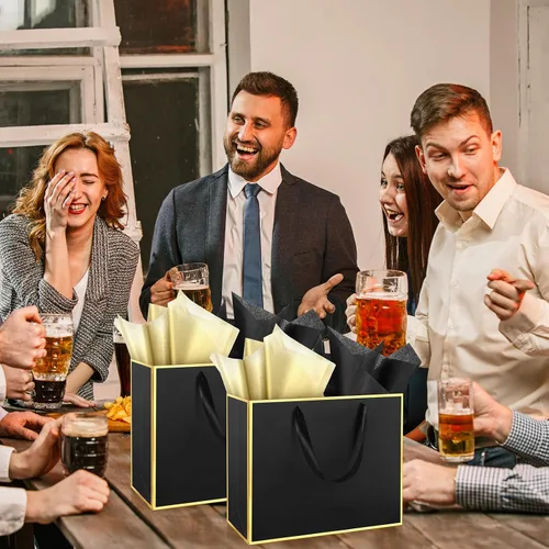 Miniatura 6 de ReliThick Paquete de 24 bolsas de regalo de papel metálico con asas y papel de seda de 11.8 x 10 x 4 pulgadas, bolsa de agradecimiento para Negro