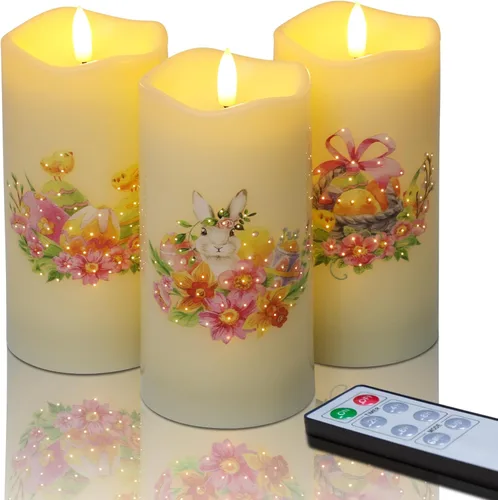 Miniatura 12 de Eywamage Velas de pilar de fibra óptica sin llama con control remoto, juego de 3, velas LED de resorte floral de mariposa, funciona