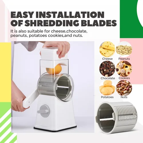 Miniatura 5 de Rallador de queso giratorio multifuncional 6 en 1 con 11 cuchillas, trituradora de verduras, trituradora de dados para alimentos, picadora con base