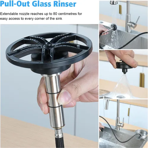 Miniatura 7 de Enjuagadora de vidrio para fregadero de cocina, enjuague de vidrio con rociador extraíble, grifo giratorio de 360°, enjuague de vidrio, limpiador