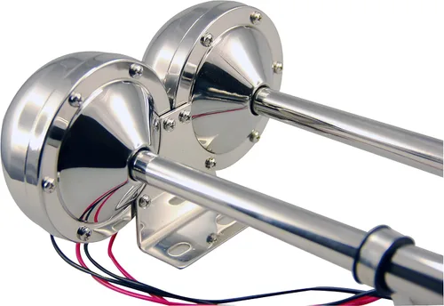Miniatura 3 de Pactrade Marine Juego completo de cuerno de trompeta dual eléctrico de acero inoxidable para barco de 12 V-150 db para pontón RV coche, camión, barco