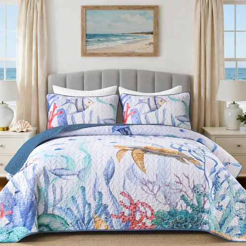 Miniatura 13 de DJY Beach Quilt Set Queen Size,3 Piece Coastal Ocean Summer Bedspread Coverlet Set with 2 Pillow Cases Lightweight Soft Microfiber Nautical Bedding