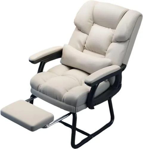 Silla de oficina de piel sintética suave gruesa con almohada lumbar de espuma viscoelástica y reposapiés oculto. Puedes acostarte con un clic del