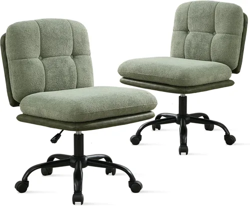 SOFTHION Juego de 2 sillas de escritorio de oficina sin brazos con ruedas, asiento ancho, giratorio, de altura ajustable, cómoda silla cruzada para