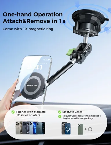 Miniatura 4 de MAGIC JOHN Soporte magnético para teléfono de coche [fuerte succión y fuerte magnético] Soporte de teléfono ajustable de 360° para parabrisas, metal