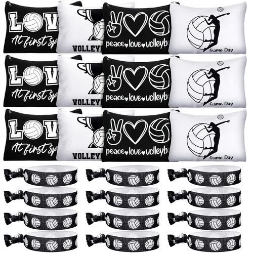 Sotiff 24 bolsas de cosméticos de voleibol y coleteros deportivos para el cabello, regalos de equipo deportivo, bolsas de maquillaje de lona, ligas