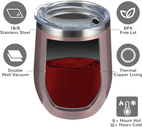 Miniatura 3 de Meway - Vaso de vino con tapa de 12 onzas, sin tallo, doble pared, al vacío, de acero inoxidable, para viajes, mantiene el frío y el calor, para Oro