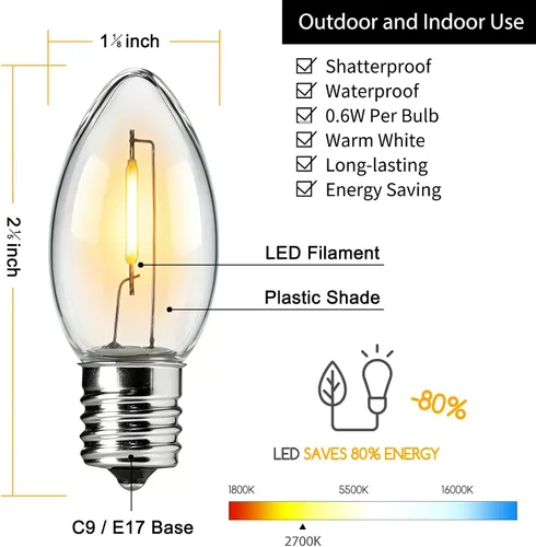 Miniatura 2 de Brightown - Paquete de 25 bombillas LED C9 para Navidad, bombillas LED de plástico C9 irrompibles de color blanco cálido de repuesto para luces