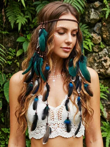 Miniatura 3 de CAKURE Diadema de plumas bohemias, tocado gitano, tocado indio, accesorios para el cabello hippie para mujeres y niñas (tipo C)