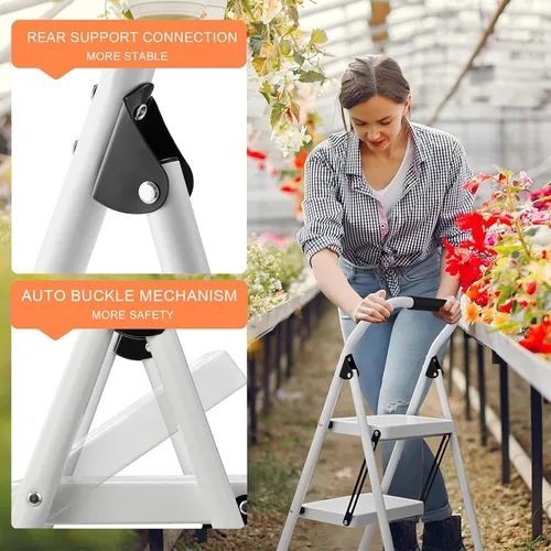 Miniatura 6 de Taburete para adultos, escalera de 2 escalones plegable de 330 libras, taburete antideslizante plegable, ergonómico, de acero con pedal ancho