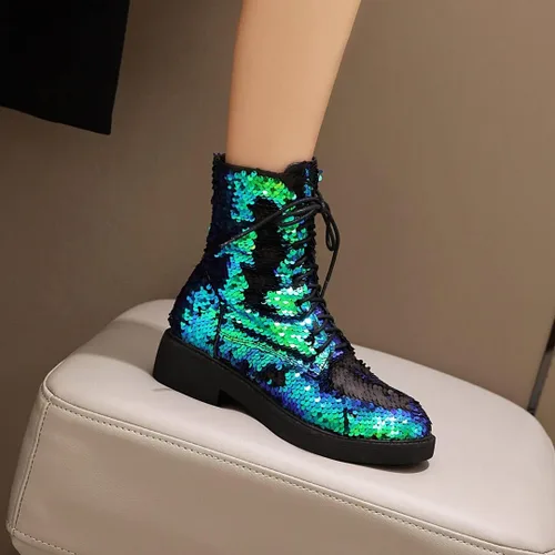 Miniatura 5 de FIFSY Botines de combate con purpurina y lentejuelas para mujer con tacones brillantes