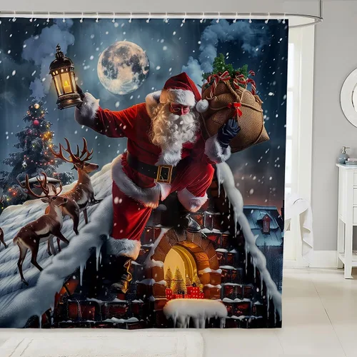 Miniatura 23 de Homewish Cortina de ducha de árbol de Navidad, juego de cortina de ducha de baño con diseño de copo de nieve dorado para niños y adultos, cortina