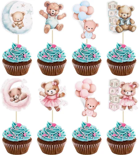 Miniatura 8 de Gyufise 32 Piezas Decoraciones para Cupcakes de Oso de Baby Shower Luna Oso Bebé Decoraciones de Pastel de Baby Shower Tema de Animales de la Selva