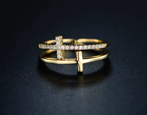 Miniatura 6 de Barzel Anillo de doble cruz chapado en oro de 18 quilates