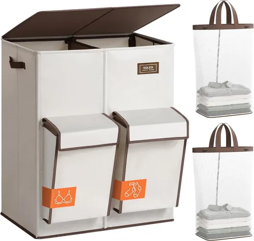 Miniatura 10 de SOLEDI Cesta doble para la ropa sucia con tapa, 47.8 galones (180 litros), cesta grande para lavandería, 2 secciones con 2 bolsillos laterales, Gris