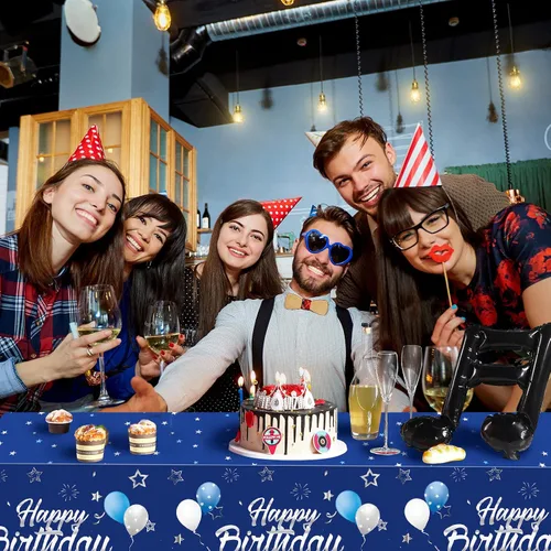 Miniatura 7 de Tegeme Suministros de Fiesta Azul Marino Manteles de Feliz Cumpleaños con Estrellas Confeti Estrellado Cubiertas de Mesa para Niños Niñas Baby Azul