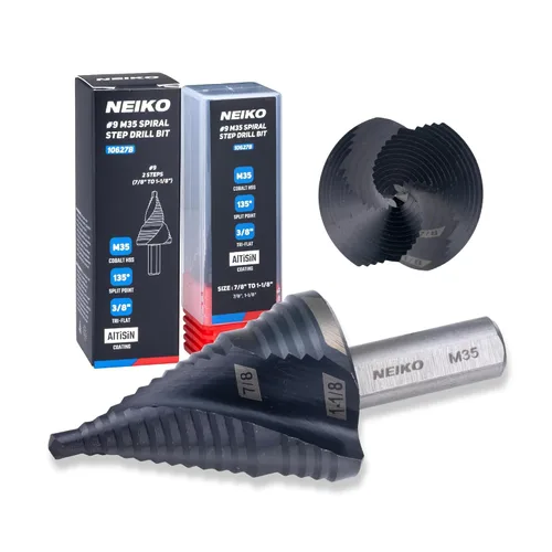 Miniatura 80 de NEIKO 10602B Step Drill Bit, 13 Steps 1/8" to 1/2" Spiral M35 Cobalt, AlTiSiN Coated, 1/4" Quick Change Step Bits for Steel, Metal, Wood, Plastic