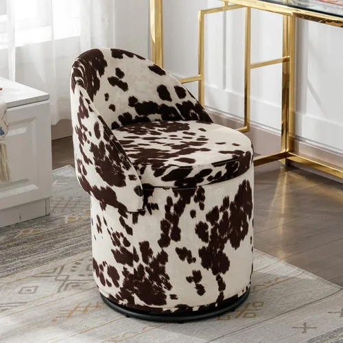 LukeAlon Otomana de Maquillaje de Lino con Almacenamiento, Taburete de Tocador Giratorio Tapizado 360° con Respaldo Plegable, Reposapiés Cilíndrico