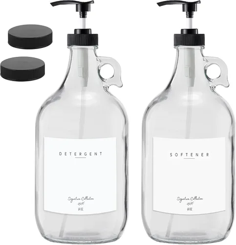 Dispensador de detergente para lavandería – Dos jarras de vidrio de medio galón para dispensador de suavizante de tela, dispensador de jabón líquido