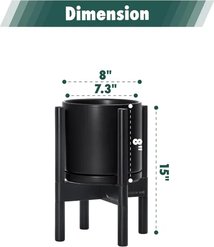 Miniatura 3 de D'vine Dev Maceta de cerámica con soporte de ébano – Maceta redonda moderna de 8 pulgadas con soporte para maceta de madera, color negro, 55-B-M-2