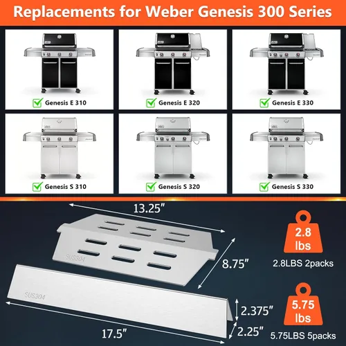 Miniatura 2 de QuliMetal 44.5 cm SUS304 Barras Aromatizadoras y Deflectores de Calor para Parrillas Weber Genesis 300 Series, Compatibles con Genesis E310 E320