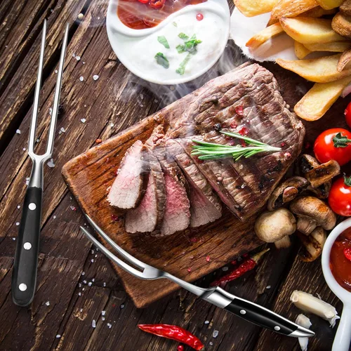 Miniatura 5 de CHENGU 2 tenedores para tallar carne de 12 pulgadas de acero inoxidable para servir cocinar con mango de madera, parrilla clásica con mango de ABS