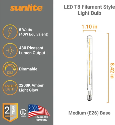 Miniatura 2 de Sunlite 41616 - Bombilla tubular de filamento LED T8, 5 vatios (equivalente a 40 W), 430 lúmenes, base E26 media, regulable, 8.425 in, certificación