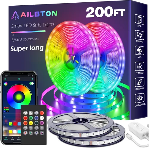 Tira de luces LED de 200 pies (2 rollos de luces LED de 100 pies), ultralarga, con control remoto de voz por aplicación, sincronización de música,