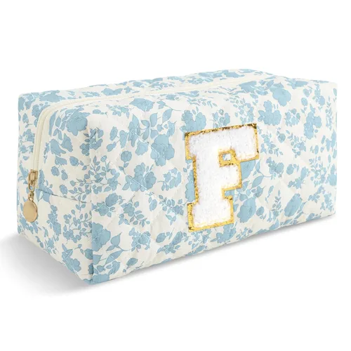 Miniatura 386 de Pequeña bolsa de maquillaje personalizada con inicial A-Z Preppy Patch, bolsa de cosméticos de viaje de felpilla blanca con cremallera, bonita bolsa