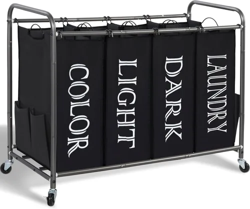 STORAGE MANIAC Organizador de lavandería de 4 secciones, cesta de 47.8 galones (181 L) con ruedas, cesta divisora de ropa, organizador separador de