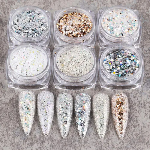 Miniatura 4 de Kits de arte de uñas holográficas, 6 cajas 3D con purpurina metálica brillante en copos acrílicos en polvo y lentejuelas para decoración holográfica