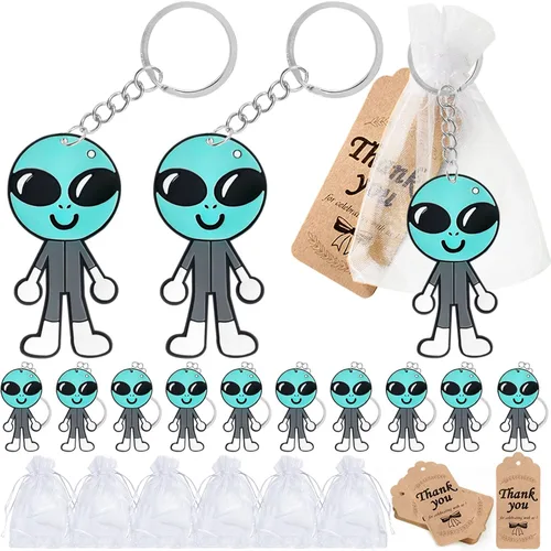 CiciBear Paquete de 60 decoraciones de fiesta del espacio exterior para invitados, 20 llaveros de alienígena, 20 etiquetas y 20 bolsas de regalo