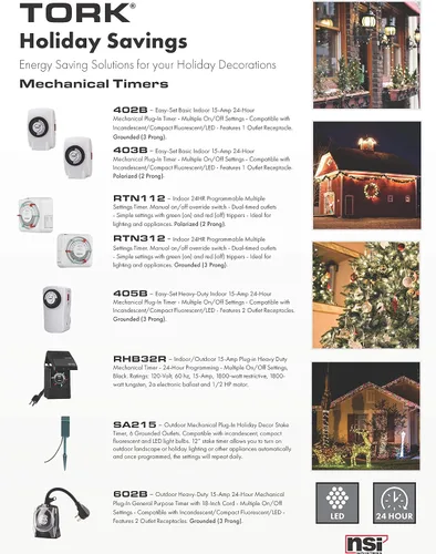 Miniatura 5 de NSi Industries TORK RTN312 temporizador mecánico de enchufe para interiores, resistente, de 15 A, con programación de 24 horas – con interruptores