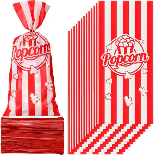 Teling 100 bolsas de palomitas de maíz, 100 bolsas de palomitas de maíz para fiestas, bolsas de dulces de galletas a rayas rojas y blancas con 150