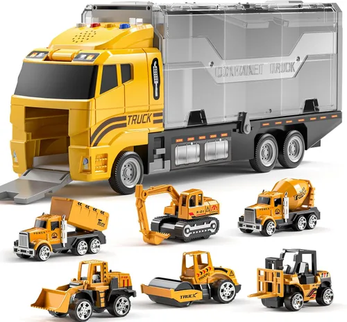 TEMI Juego de camiones de construcción con alfombra de juego, juguetes de camión transportador para niños pequeños, juego de autos de juguete de