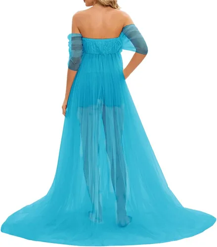 Miniatura 3 de ZIUMUDY Vestido largo de sesión de fotos de tul con hombros descubiertos para maternidad, manga caída, vestido de tul transparente