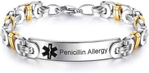 Pulsera bizantina de acero inoxidable personalizada para alerta médica de alergia, para mujeres y hombres, identificación de enfermedades, regalo de