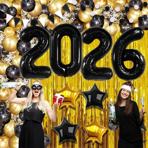 Miniatura 8 de KatchOn, Juego de decoraciones de Año Nuevo 2026, enorme, paquete de 85 Globo de estrellas negras y doradas, telón de fondo de cortina con flecos