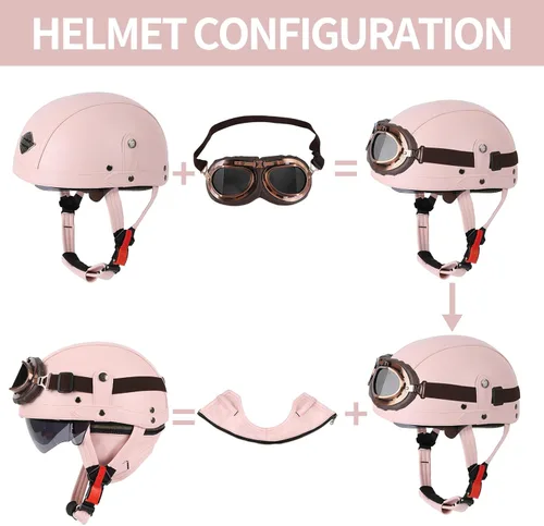 Miniatura 5 de Casco de motocicleta rosa, medio casco de cuero estilo alemán, casco de motocicleta para mujer con certificación DOT, casco de media cara con gafas