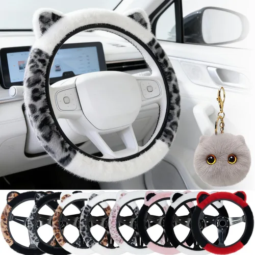 Miniatura 15 de Steering Wheel Cover with Ears Keychain Fit 14-15 inch Black Pink Cute Ears Car Steering Wheel Covers for Women Girls Elastic Breathable Steering