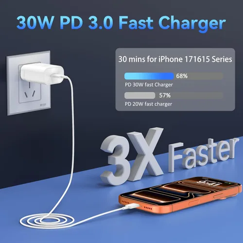 Miniatura 3 de Cargador rápido para teléfono 17 16 15, bloque de carga USB C de 30 W para teléfono 17 16 15 Pro Max y cable tipo C de 8 pies para iPhone 17/Air/17