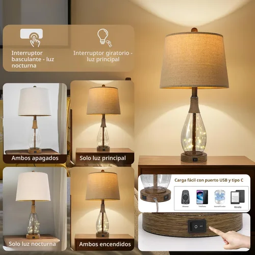 Miniatura 2 de OYEARS Juego de 2 lámparas de mesita de noche con USB, modernas lámparas de noche retro de cristal de ratán para dormitorio, sala de estar
