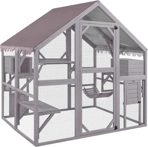Miniatura 12 de Catio grande de madera para gatos de 70.1 pulgadas, casa para gatos de varios niveles con plataformas, hamaca y poste rascador, panel trasero