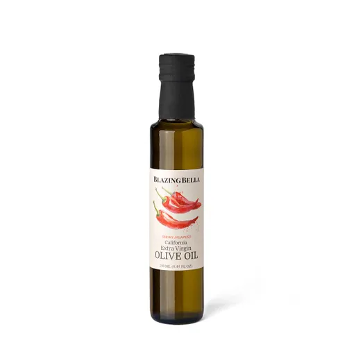 Blazing Bella Aceite de oliva virgen extra con infusión de jalapeño ahumado, calor suave, AOVE de California prensado en frío para huevos, papas,